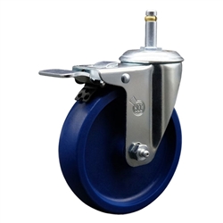 Service Caster #20 Series 7/16 inch grip ring stem swivel casters with 5 inch solid blue polyurethane wheel featuring total lock brake and zinc plated finish.