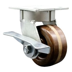 High temperature kingpinless swivel caster with durable 4 inch phenoic wheel and brake.