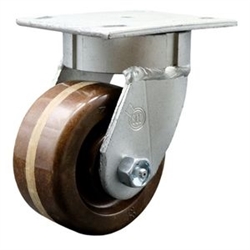 High temperature kingpinless swivel caster with durable 4 inch phenoic wheel.
