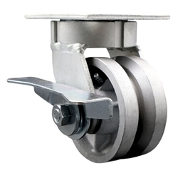 High temperature kingpinless swivel caster with durable 4 inch v groove semi steel wheel and brake.