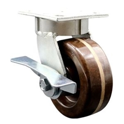High temperature kingpinless swivel caster with durable 5 inch phenoic wheel and brake.