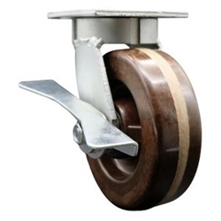 High temperature kingpinless swivel caster with durable 6 inch phenoic wheel and brake.