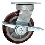 6 Inch Kingpinless Swivel Caster with Polyurethane Tread on Poly Core Wheel, Ball Bearings, and Brake