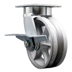 High temperature kingpinless swivel caster with durable 6 inch v groove semi steel wheel and brake.