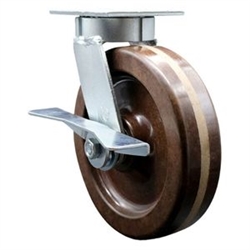 High temperature kingpinless swivel caster with durable 8 inch phenoic wheel and brake.