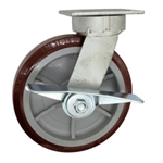 8 Inch Kingpinless Swivel Caster with Polyurethane Tread on Poly Core Wheel, Ball Bearings, and Brake