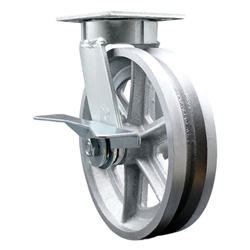 High temperature kingpinless swivel caster with durable 8 inch v groove semi steel wheel and brake.