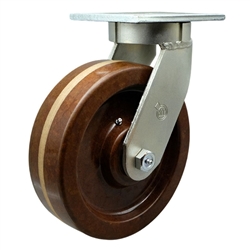 Swivel caster fitted with 10 inch diameter by 3 inch wide high temperature phenolic wheel