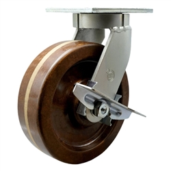 Rigid caster fitted with 10 inch diameter by 3 inch wide high temperature phenolic wheel and brake.