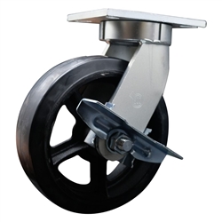 10" Extra Heavy Duty Kingpinless Swivel Caster with Rubber on Cast Iron Core Wheel with Brake and Swivel Lock