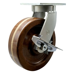 Rigid caster fitted with 12 inch diameter by 3 inch wide high temperature phenolic wheel and brake.