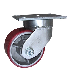 6 Inch Extra Heavy Duty Kingpinless Swivel Caster with Red Polyurethane Tread on Cast Iron Wheel