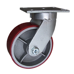 8 inch Extra Heavy Duty Kingpinless Swivel Caster with Red Polyurethane Tread on Cast Iron Wheel