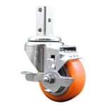 Service Caster #20 Series 3/4 inch square stem swivel casters with 3 inch orange polyurethane tread wheel featuring top lock brake and zinc plated finish.