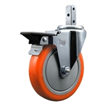 Service Caster #20 Series 3/4 inch square stem swivel casters with 5 inch orange polyurethane tread wheel featuring posi lock brake and zinc plated finish.