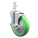 Service Caster #20 Series 3/4 inch square stem swivel casters with 5 inch green polyurethane tread wheel featuring top lock brake and zinc plated finish.