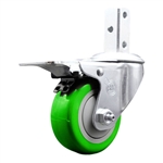 Service Caster #20 Series 3/4 inch square stem swivel casters with 3 inch green polyurethane tread wheel featuring total lock brake and zinc plated finish.