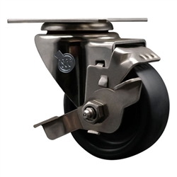 Service Caster #20 Series stainless steel swivel casters with 3 inch polyolefin wheel and top lock brake.