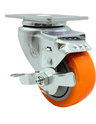 Service Caster #20 Series Stainless Steel swivel casters with 3 inch polyurethane tread wheel and top lock brake provide a washable caster solution. These casters are ideal for commercial kitchens, food processing, carts, equipment, and DIY projects.