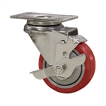 3" Stainless Steel Swivel Caster with Red Polyurethane Tread and top lock brake