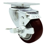 Service Caster #20 Series stainless steel swivel casters with 3-1/2 inch maroon polyurethane tread wheel and top lock brake.