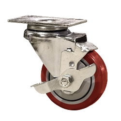 3-1/2" Stainless Steel Swivel Caster with Red Polyurethane Tread and top lock brake