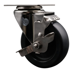 Service Caster #20 Series stainless steel swivel casters with 4 inch polyolefin wheel and top lock brake.