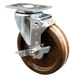 Service Caster #20 Series Stainless Steel swivel casters with 5 inch high temperature phenolic wheel and brake