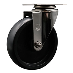 Service Caster #20 Series stainless steel swivel casters with 5 inch polyolefin wheel.