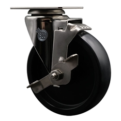 Service Caster #20 Series stainless steel swivel casters with 5 inch polyolefin wheel and top lock brake.