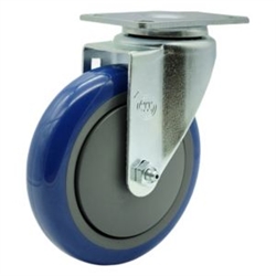 Service Caster #20 Series stainless steel swivel casters with 5 inch blue polyurethane tread wheel.