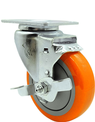 Service Caster #20 Series Stainless Steel swivel casters with 5 inch polyurethane tread wheel and top lock brake provide a washable caster solution. These casters are ideal for commercial kitchens, food processing, carts, equipment, and DIY projects.