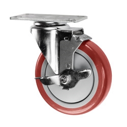5" Stainless Steel Swivel Caster with Red Polyurethane Tread and top lock brake