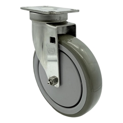 Service Caster #20 Series stainless steel swivel casters with 6 inch gray polyurethane tread wheel.