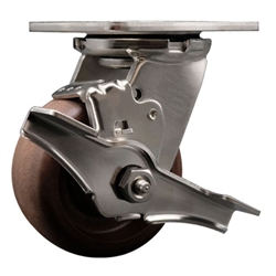 Service Caster #30 Series stainless steel high temperature swivel casters with 4 inch glass filled nylon wheel and brake provide a washable caster solution.