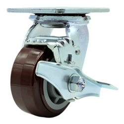 Service Caster #30 Series stainless steel swivel casters with 4 inch non-marking polyurethane tread on polyolefin core wheel and brake provide a washable caster solution.