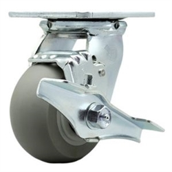 Service Caster #30 Series stainless steel swivel casters with 4 inch non-marking thermoplastic rubber tread (donut face) on polyolefin core wheel and brake provide a washable caster solution.