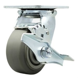 Service Caster #30 Series stainless steel swivel casters with 4 inch non-marking thermoplastic rubber tread (flat face) on polyolefin core wheel and brake provide a washable caster solution.