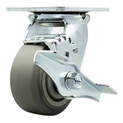 Service Caster #30 Series stainless steel swivel casters with 4 inch non-marking thermoplastic rubber tread (flat face) on polyolefin core wheel and brake provide a washable caster solution.
