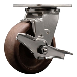 Service Caster #30 Series stainless steel high temperature swivel casters with 5 inch glass filled nylon wheel and brake provide a washable caster solution.