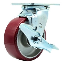 Service Caster #30 Series stainless steel swivel casters with 5 inch non-marking polyurethane tread on aluminum core wheel and brake provide a washable caster solution.