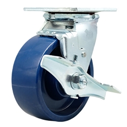 Service Caster #30 Series stainless steel swivel casters with 5 inch non-marking solid blue polyurethane wheel and brake provide a washable caster solution.