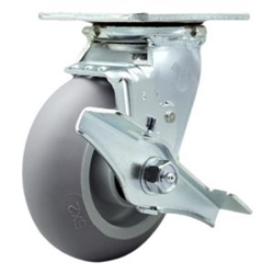 Service Caster #30 Series stainless steel swivel casters with 5 inch non-marking thermoplastic rubber tread (donut face) on polyolefin core wheel and brake provide a washable caster solution.