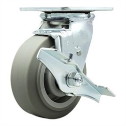 Service Caster #30 Series stainless steel swivel casters with 5 inch non-marking thermoplastic rubber tread (flat face) on polyolefin core wheel and brake provide a washable caster solution.