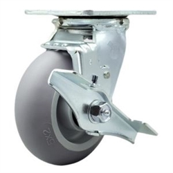 Service Caster #30 Series stainless steel swivel casters with 5 inch non-marking thermoplastic rubber tread (donut face) on polyolefin core wheel and brake provide a washable caster solution.