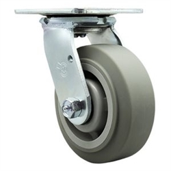 Service Caster #30 Series stainless steel swivel casters with 5 inch non-marking thermoplastic rubber tread (flat face) on polyolefin core wheel provide a washable caster solution.