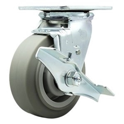 Service Caster #30 Series stainless steel swivel casters with 5 inch non-marking thermoplastic rubber tread (flat face) on polyolefin core wheel and brake provide a washable caster solution.