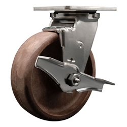 Service Caster #30 Series stainless steel high temperature swivel casters with 6 inch glass filled nylon wheel and brake provide a washable caster solution.