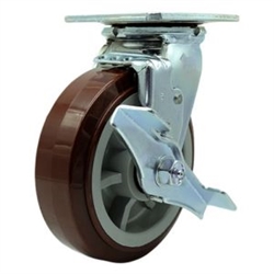 Service Caster #30 Series stainless steel swivel casters with 6 inch non-marking polyurethane tread on polyolefin core wheel and brake provide a washable caster solution.