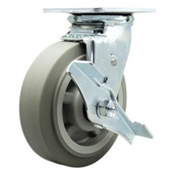 Service Caster #30 Series stainless steel swivel casters with 6 inch non-marking thermoplastic rubber tread (flat face) on polyolefin core wheel and brake provide a washable caster solution.